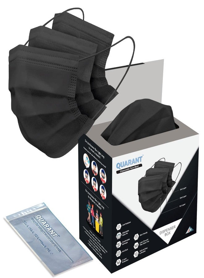 QUARANT Meltblown - SMMS Fabric 3 Ply Disposable Face Mask with Nose Clip and Reusable Travel Pouch (Black, Pack of 100) for Unisex - Image 1