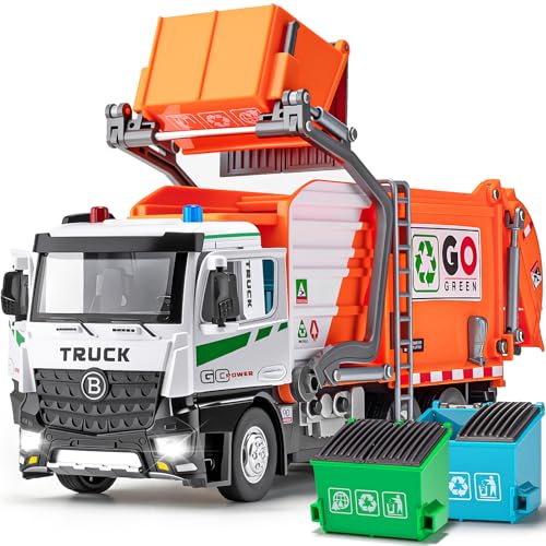 HAPYAD AUTOLift Function Garbage Truck Toys Metal Cab Trash Truck Toy Set with Lights and Sounds Includes 3 Dumpsters Birthday Gift for Kids Boys Toddlers Orange - Image 1