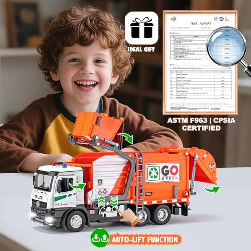 HAPYAD AUTOLift Function Garbage Truck Toys Metal Cab Trash Truck Toy Set with Lights and Sounds Includes 3 Dumpsters Birthday Gift for Kids Boys Toddlers Orange - Image 5