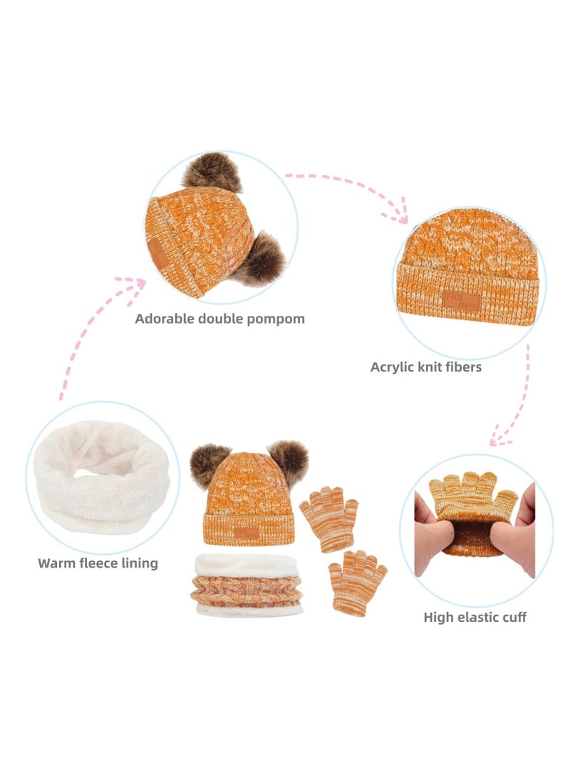Y&D Kids Winter Hat Gloves Scarf Set for 2-6 Years Old Warm Knit Pompom Beanie Cap Neck Warmer Knitted High Quality Pure Plush Yellow - Image 2
