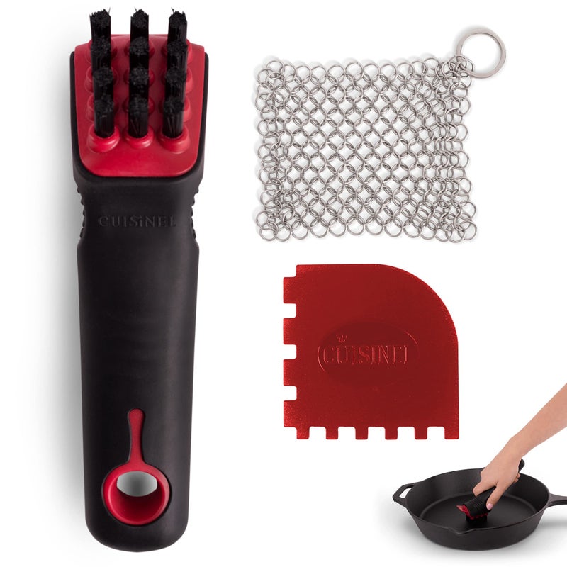 Cuisinel Cast Iron Scrubber Cleaning Brush + Stainless Steel Chainmail + Pan Scraper - Skillet, Grill Cleaner Kit - Soft-Touch Easy-Grip Dish Scrub Tool - Bristles Tough on Grease - Gentle on Cookware - Image 4