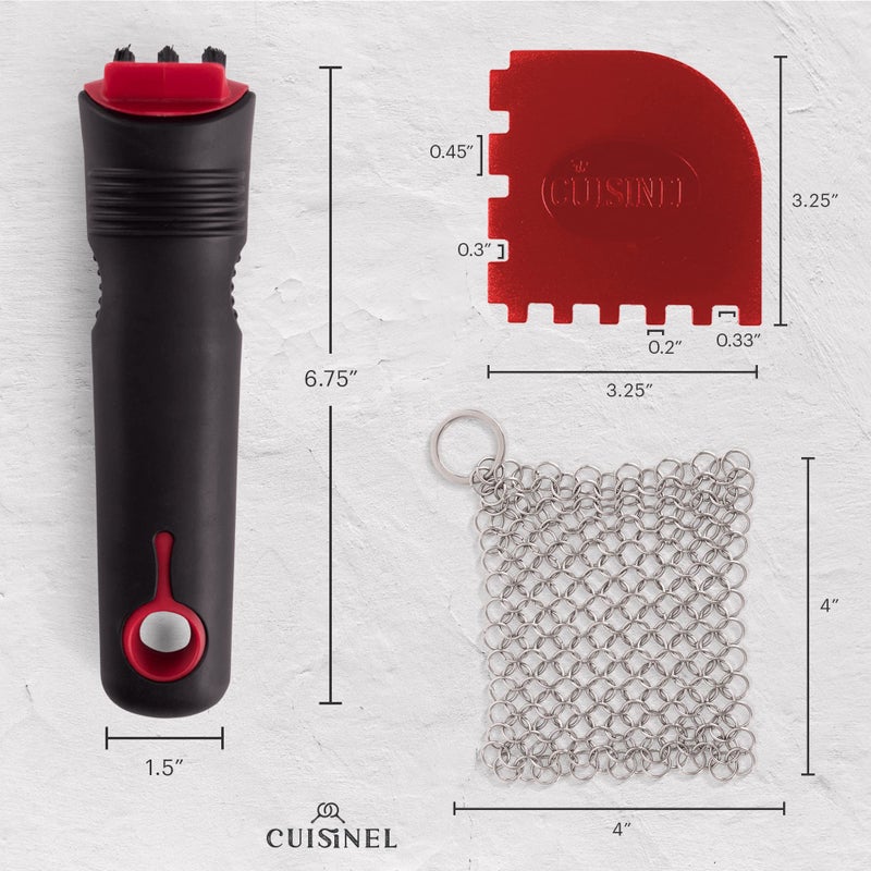 Cuisinel Cast Iron Scrubber Cleaning Brush + Stainless Steel Chainmail + Pan Scraper - Skillet, Grill Cleaner Kit - Soft-Touch Easy-Grip Dish Scrub Tool - Bristles Tough on Grease - Gentle on Cookware - Image 2