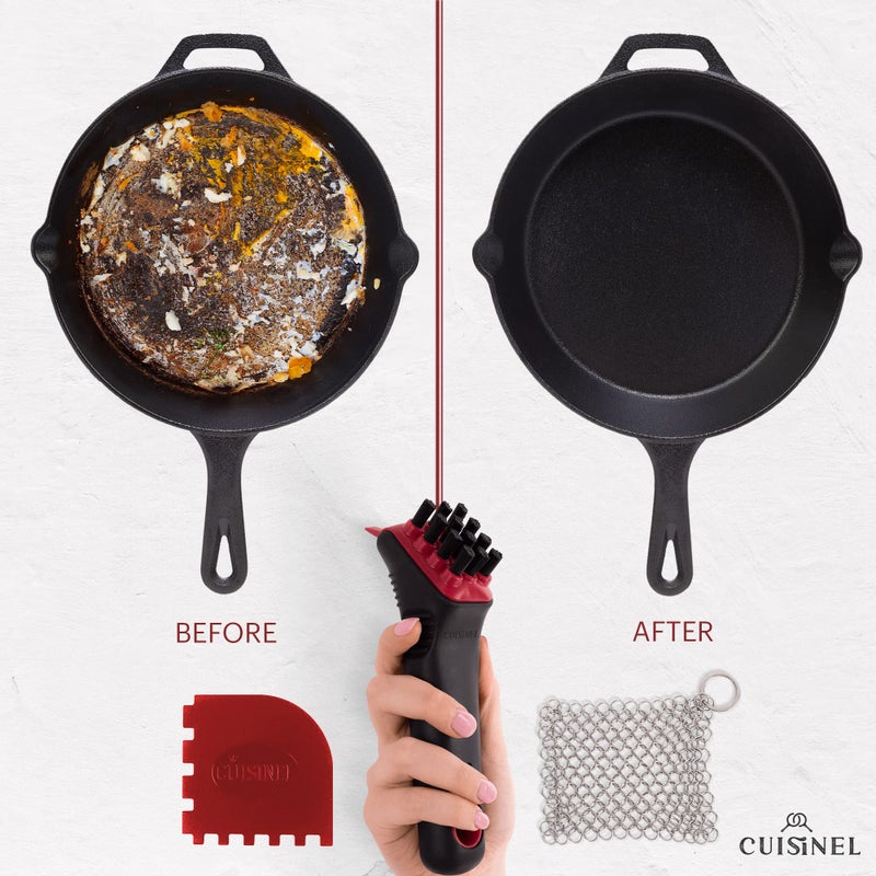 Cuisinel Cast Iron Scrubber Cleaning Brush + Stainless Steel Chainmail + Pan Scraper - Skillet, Grill Cleaner Kit - Soft-Touch Easy-Grip Dish Scrub Tool - Bristles Tough on Grease - Gentle on Cookware - Image 3
