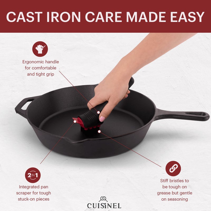 Cuisinel Cast Iron Scrubber Cleaning Brush + Stainless Steel Chainmail + Pan Scraper - Skillet, Grill Cleaner Kit - Soft-Touch Easy-Grip Dish Scrub Tool - Bristles Tough on Grease - Gentle on Cookware - Image 5