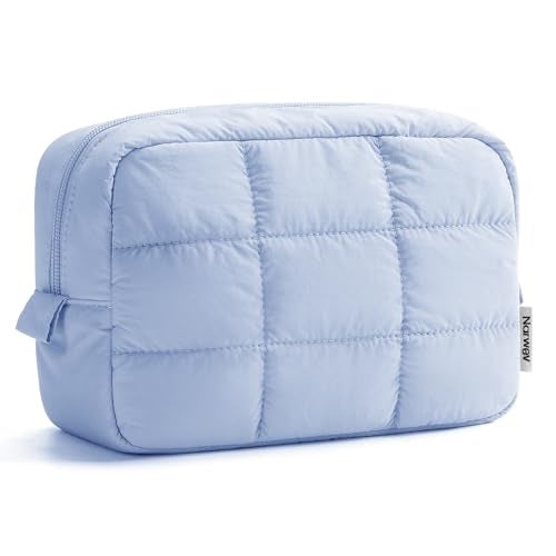 Narwey Quilted Makeup Bag for Women Girl, Puffer Travel Cosmetic Bag Puffy Make Up Bag Organizer, Cute Travel Toiletry Bag for Toiletries (Blue) - Image 1