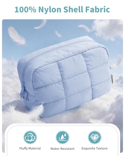 Narwey Quilted Makeup Bag for Women Girl, Puffer Travel Cosmetic Bag Puffy Make Up Bag Organizer, Cute Travel Toiletry Bag for Toiletries (Blue) - Image 2