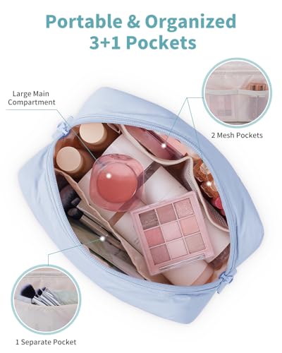 Narwey Quilted Makeup Bag for Women Girl, Puffer Travel Cosmetic Bag Puffy Make Up Bag Organizer, Cute Travel Toiletry Bag for Toiletries (Blue) - Image 3