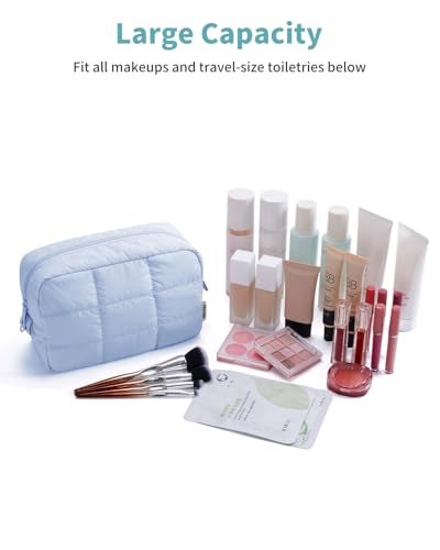 Narwey Quilted Makeup Bag for Women Girl, Puffer Travel Cosmetic Bag Puffy Make Up Bag Organizer, Cute Travel Toiletry Bag for Toiletries (Blue) - Image 5