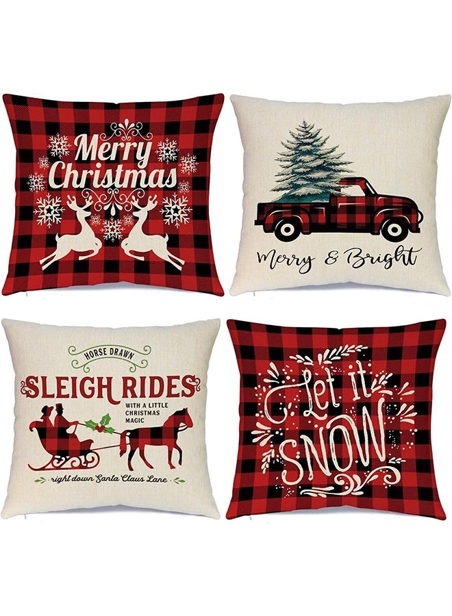 Tersely Christmas Decorations, Merry Christmas Throw Pillow Covers 18 x 18 Inches Set of 4 -Christmas Cushions Covers Neutral -Xmas Series Cushion Cover Case Pillow Zippered Square Pillowcase (Retro Red Plaid Reindeer Car) - Image 1