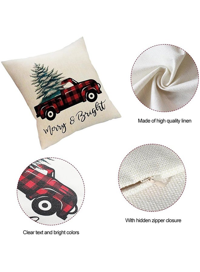 Tersely Christmas Decorations, Merry Christmas Throw Pillow Covers 18 x 18 Inches Set of 4 -Christmas Cushions Covers Neutral -Xmas Series Cushion Cover Case Pillow Zippered Square Pillowcase (Retro Red Plaid Reindeer Car) - Image 2