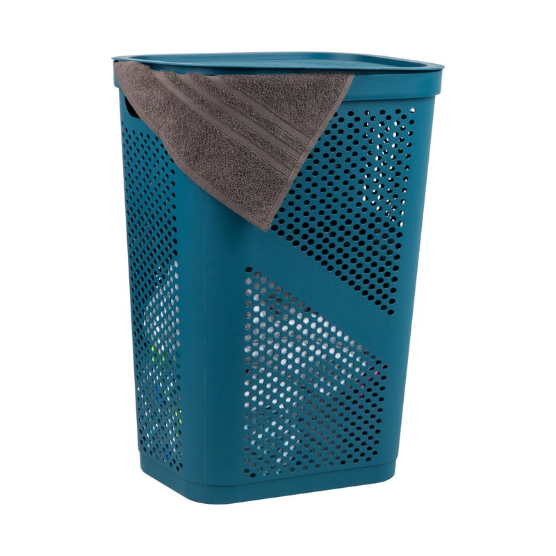 Mind Reader Slim Laundry Hamper with Lid, 60L Clothes Basket, Ventilated Plastic, Blue - Image 1