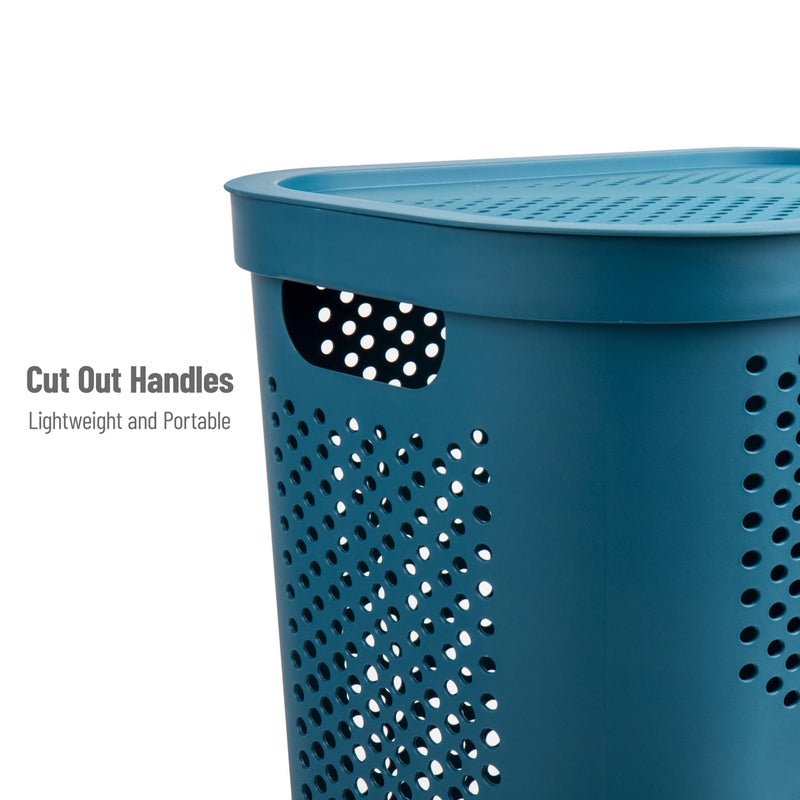 Mind Reader Slim Laundry Hamper with Lid, 60L Clothes Basket, Ventilated Plastic, Blue - Image 4