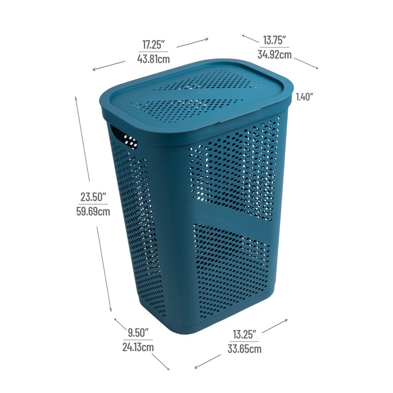 Mind Reader Slim Laundry Hamper with Lid, 60L Clothes Basket, Ventilated Plastic, Blue - Image 3