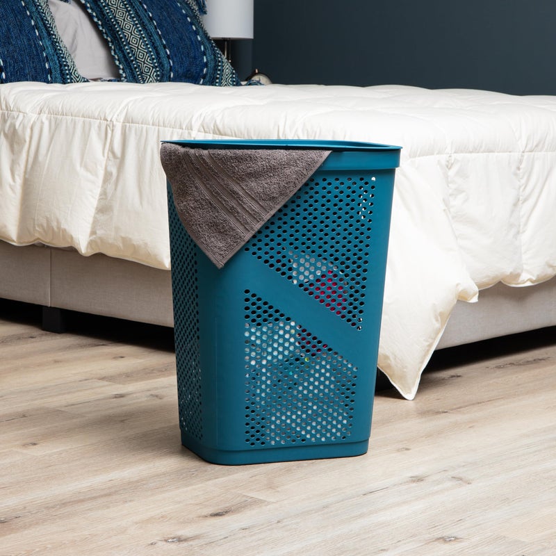 Mind Reader Slim Laundry Hamper with Lid, 60L Clothes Basket, Ventilated Plastic, Blue - Image 2