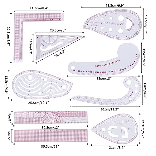 HLZC Fashion Clear Metric Sewing Ruler Set, French Curve Pattern Ruler Kit for Beginners Tailors Designers (A-9-Piece Set) - Image 2