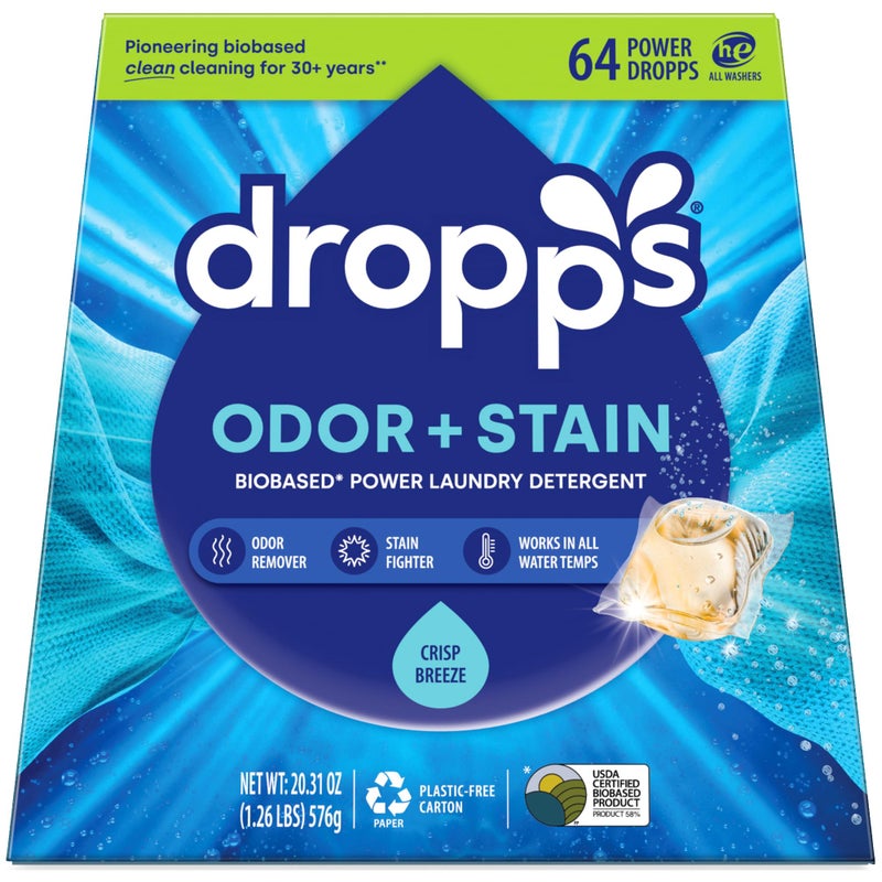Dropps Odor & Stain Laundry Detergent Pods, Crisp Breeze (64 Count) - Powerful Laundry Pods | Complete Clean Laundry Soap | Fights Odors & Stains | Clean Ingredients | Plastic Free Packaging - Image 1