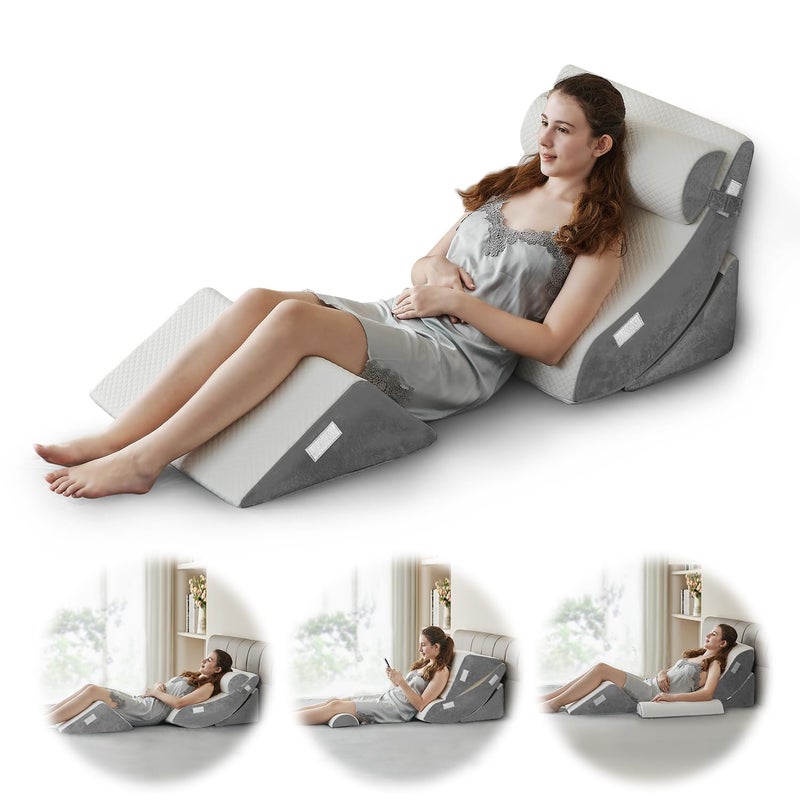 Ganaver 4pcs Orthopedic Bed Wedge Pillow Set Post Surgery Relaxing Back Adjustable Head Support Cushion Triangle Memory Foam Pillow for Acid Reflux Sleeping Reading Leg Elevation Snoring - Image 1