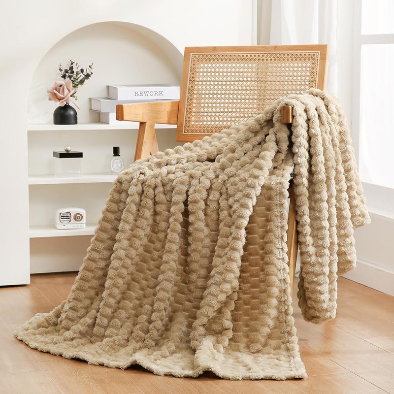 Khaki 3D Jacquard Flannel Blanket 60 x 80 inch Soft Skin Friendly Lightweight Sofa Blanket - Image 1