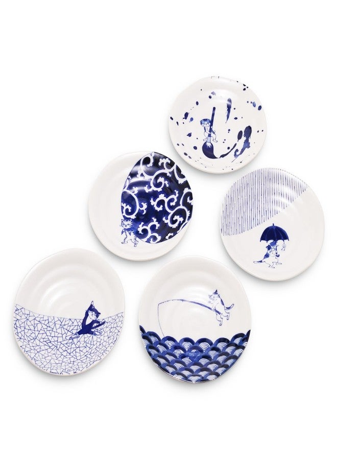 COTONOHA Mino Ware Japanese Porcelain Small Plate Set, 5 Cat Motif Designs, 6.3 in Appetizer and Side Dish Plates, Made in Japan - Image 1