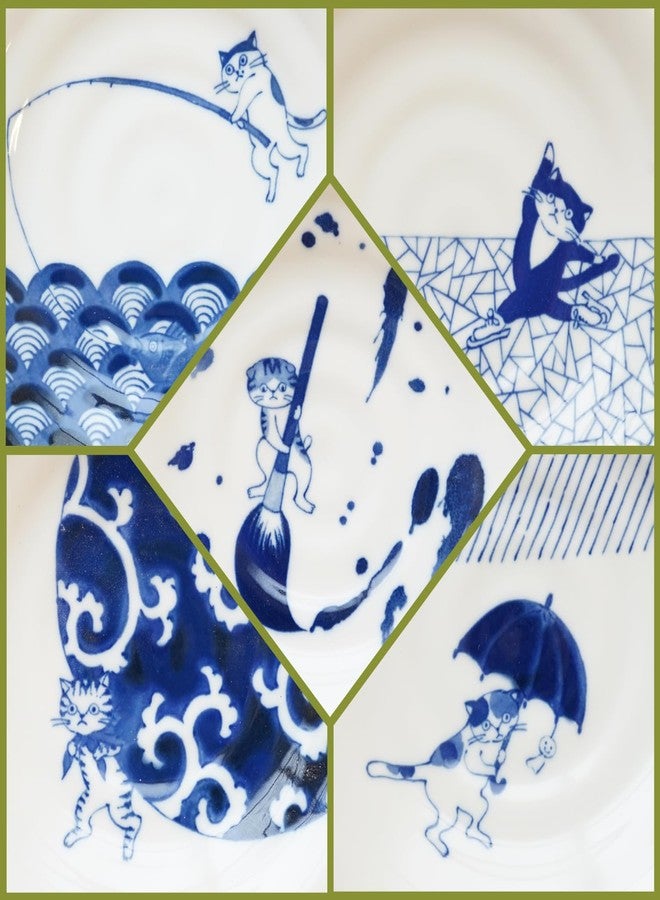 COTONOHA Mino Ware Japanese Porcelain Small Plate Set, 5 Cat Motif Designs, 6.3 in Appetizer and Side Dish Plates, Made in Japan - Image 3
