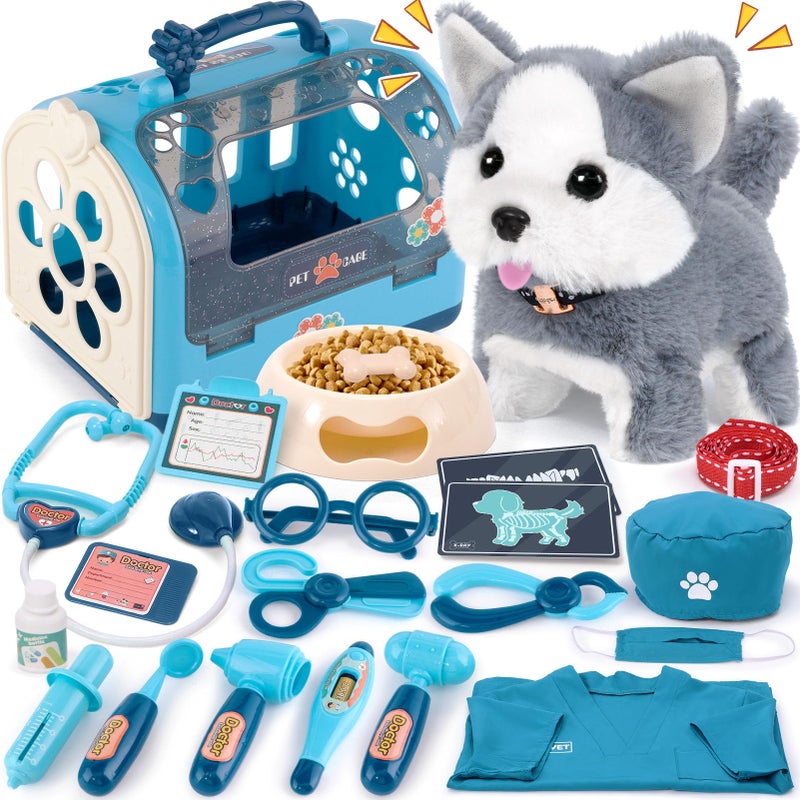 B Bascolor 22Pcs Dog Toys for Kids Vet Doctor KitWalking Barking Electronic Interactive Husky Dog ToyVeterinarian Playset for KidsPretend Play Birthday Gift Preschool Toy for Boys Toddlers 3 4 5 6 - Image 3