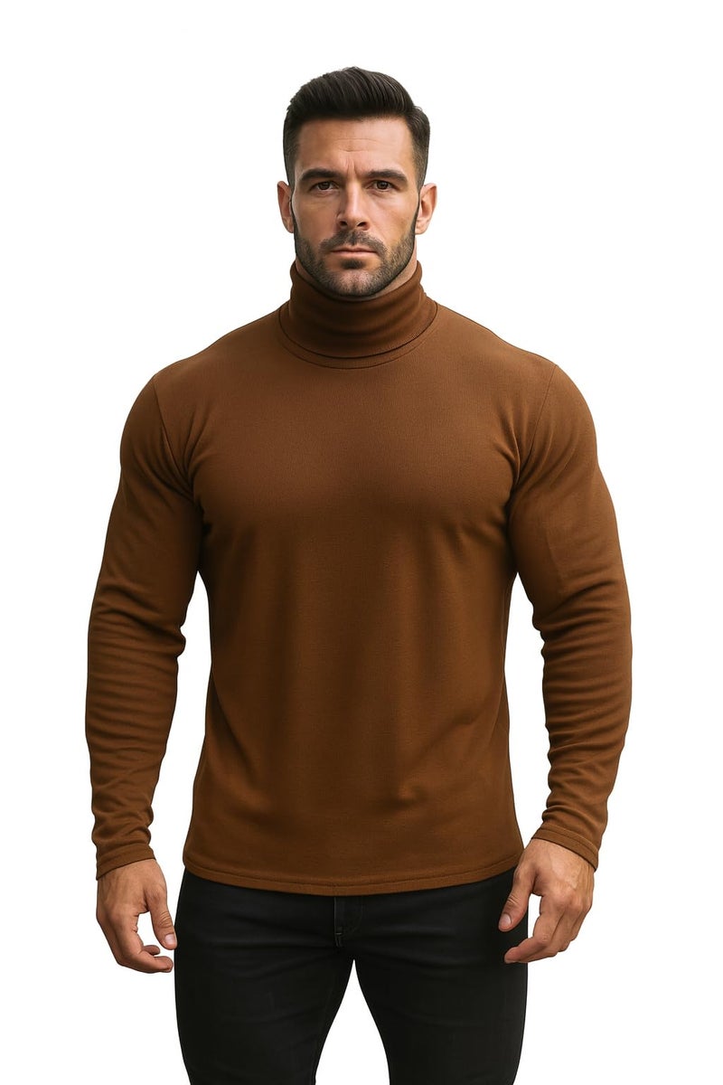 CHKOKKO Men’s Full Sleeve Cotton Turtle Neck T Shirt | Stylish Regular Fit Winter Wear | Soft Stretchy Fabric Casual Layering Outfit | Trendy Solid Tshirt for Men Brown L - Image 1