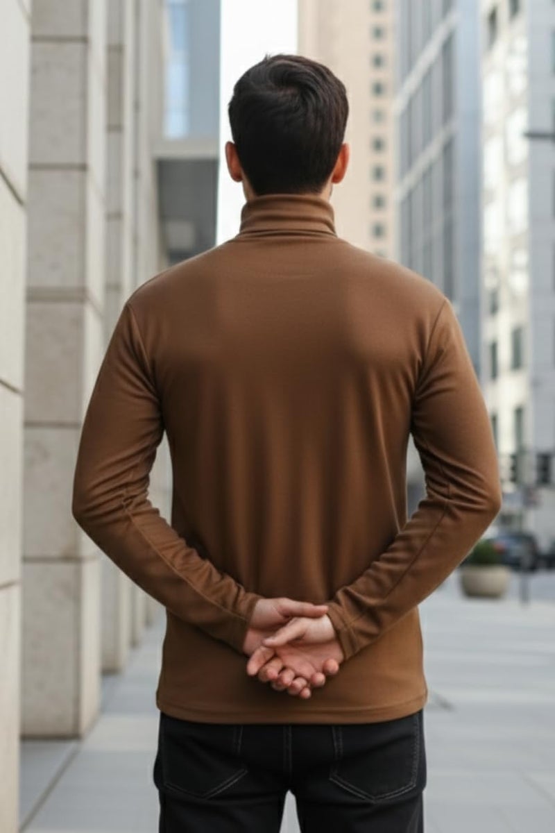 CHKOKKO Men’s Full Sleeve Cotton Turtle Neck T Shirt | Stylish Regular Fit Winter Wear | Soft Stretchy Fabric Casual Layering Outfit | Trendy Solid Tshirt for Men Brown L - Image 4