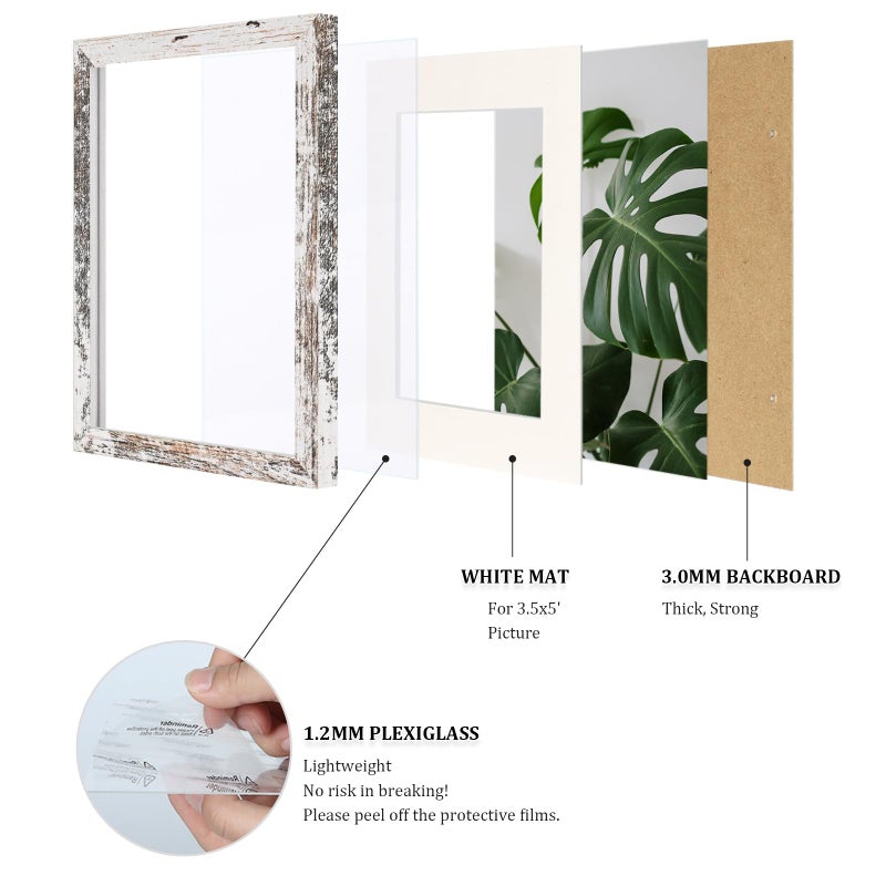 Egofine Egofine 4x6 Picture Frame 4 Pack Made of Solid Wood with Plexiglass  Display Pictures 3.5x5 with Mat or 4x6 Without Mat for Tabletop and Wall Mounting  Rustic White  - Image 3