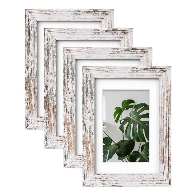 Egofine Egofine 4x6 Picture Frame 4 Pack Made of Solid Wood with Plexiglass  Display Pictures 3.5x5 with Mat or 4x6 Without Mat for Tabletop and Wall Mounting  Rustic White  - Image 1
