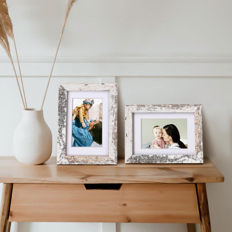 Egofine Egofine 4x6 Picture Frame 4 Pack Made of Solid Wood with Plexiglass  Display Pictures 3.5x5 with Mat or 4x6 Without Mat for Tabletop and Wall Mounting  Rustic White  - Image 4