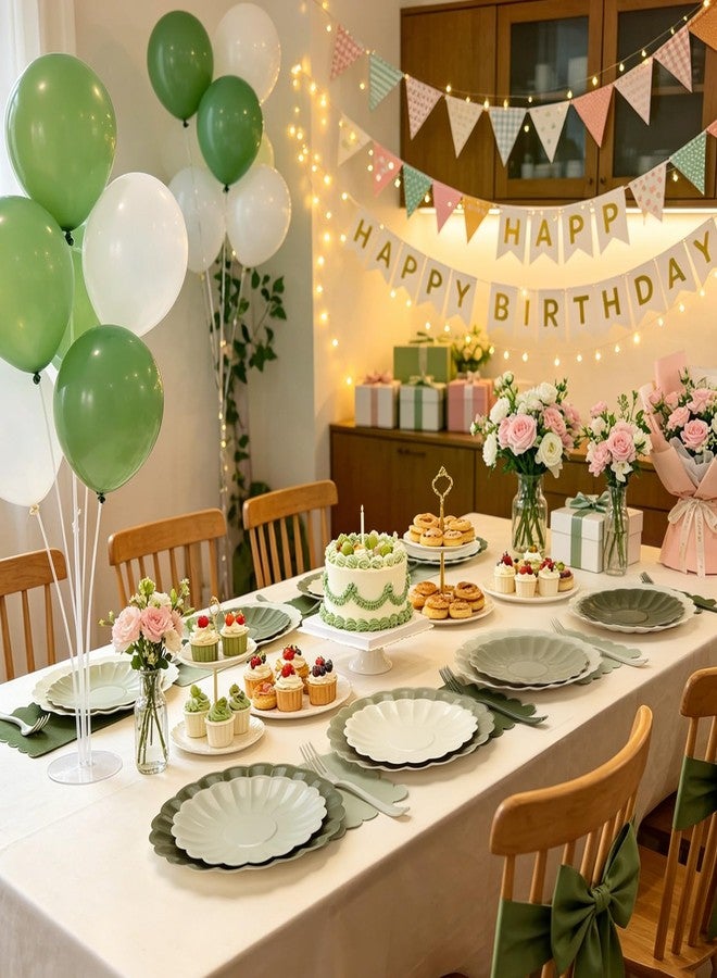 CENLBJ 128Pcs Sage Green Paper Plates and Napkins Party Supplies Serve 32 Guests Include Gradient Scalloped Plate 9",Dessert Plate 7,Napkins Plastic Forks for Birthday Wedding Bridal Baby Shower Decorations - Image 2