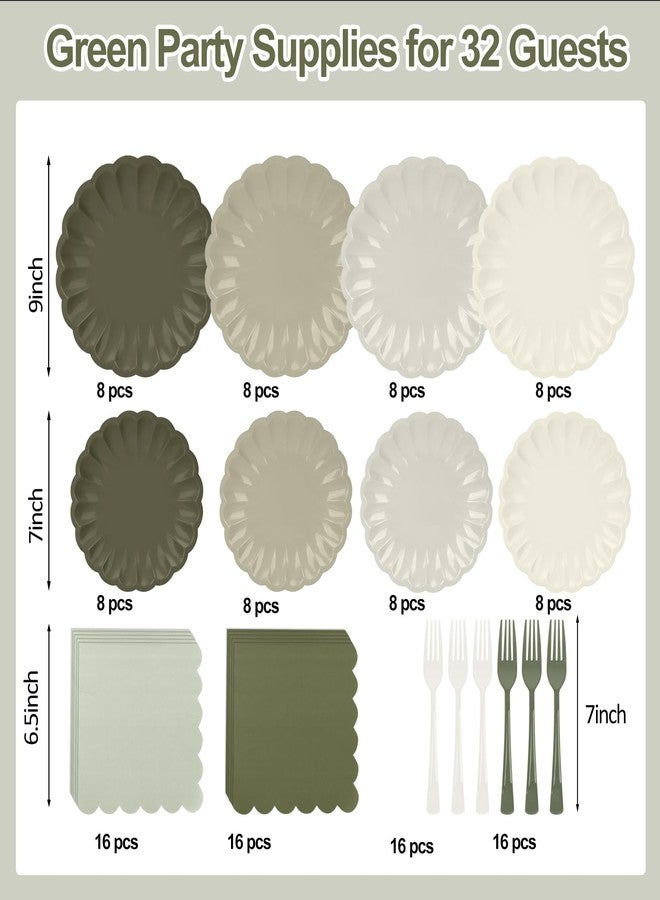 CENLBJ 128Pcs Sage Green Paper Plates and Napkins Party Supplies Serve 32 Guests Include Gradient Scalloped Plate 9",Dessert Plate 7,Napkins Plastic Forks for Birthday Wedding Bridal Baby Shower Decorations - Image 3