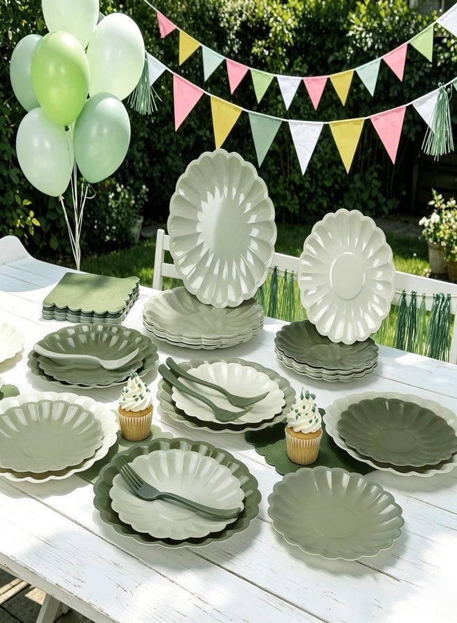CENLBJ 128Pcs Sage Green Paper Plates and Napkins Party Supplies Serve 32 Guests Include Gradient Scalloped Plate 9",Dessert Plate 7,Napkins Plastic Forks for Birthday Wedding Bridal Baby Shower Decorations - Image 4