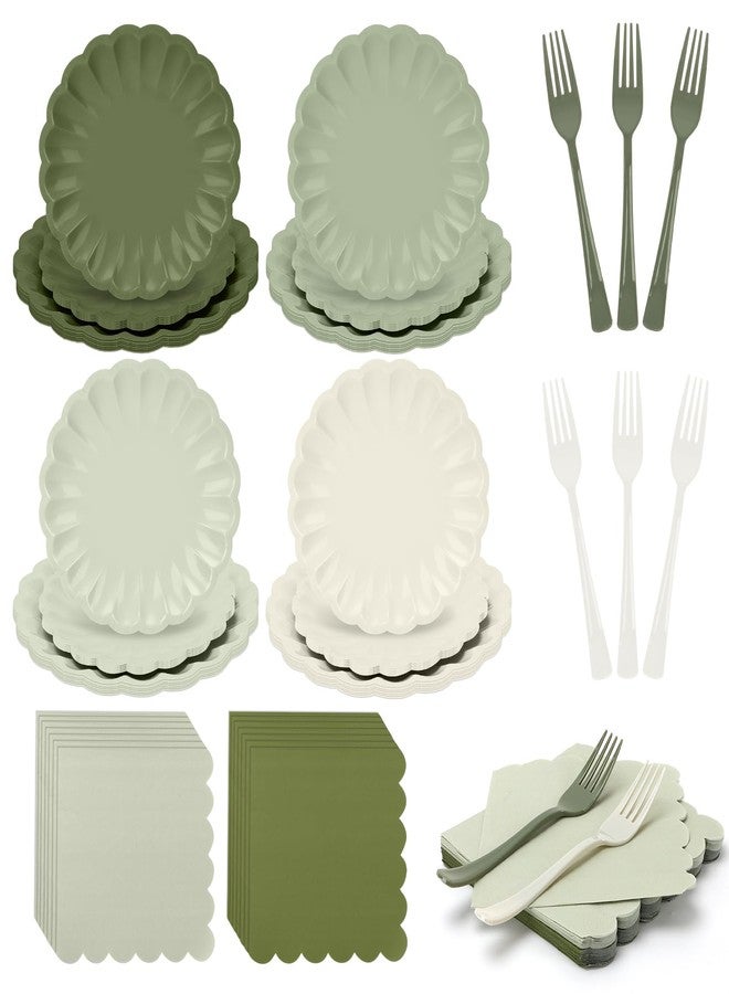 CENLBJ 128Pcs Sage Green Paper Plates and Napkins Party Supplies Serve 32 Guests Include Gradient Scalloped Plate 9",Dessert Plate 7,Napkins Plastic Forks for Birthday Wedding Bridal Baby Shower Decorations - Image 1