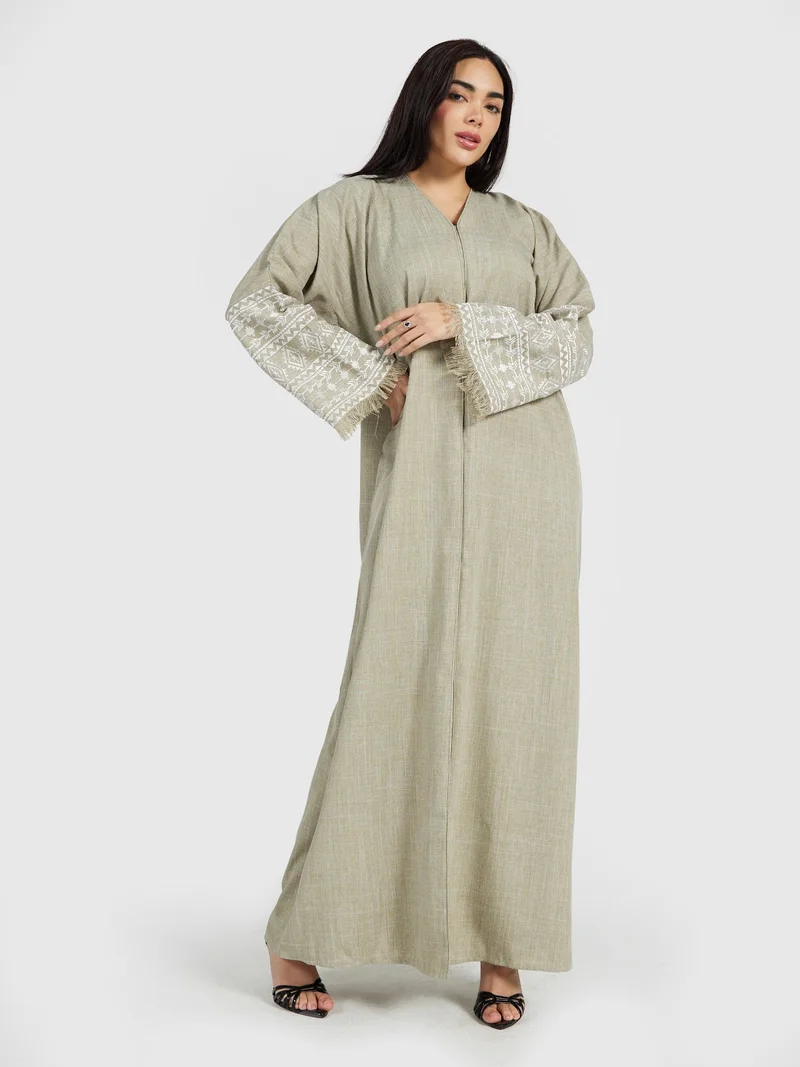 Reem Abayas Sage Green Textured Kaftan Abaya with Tribal Sleeve Embroidery