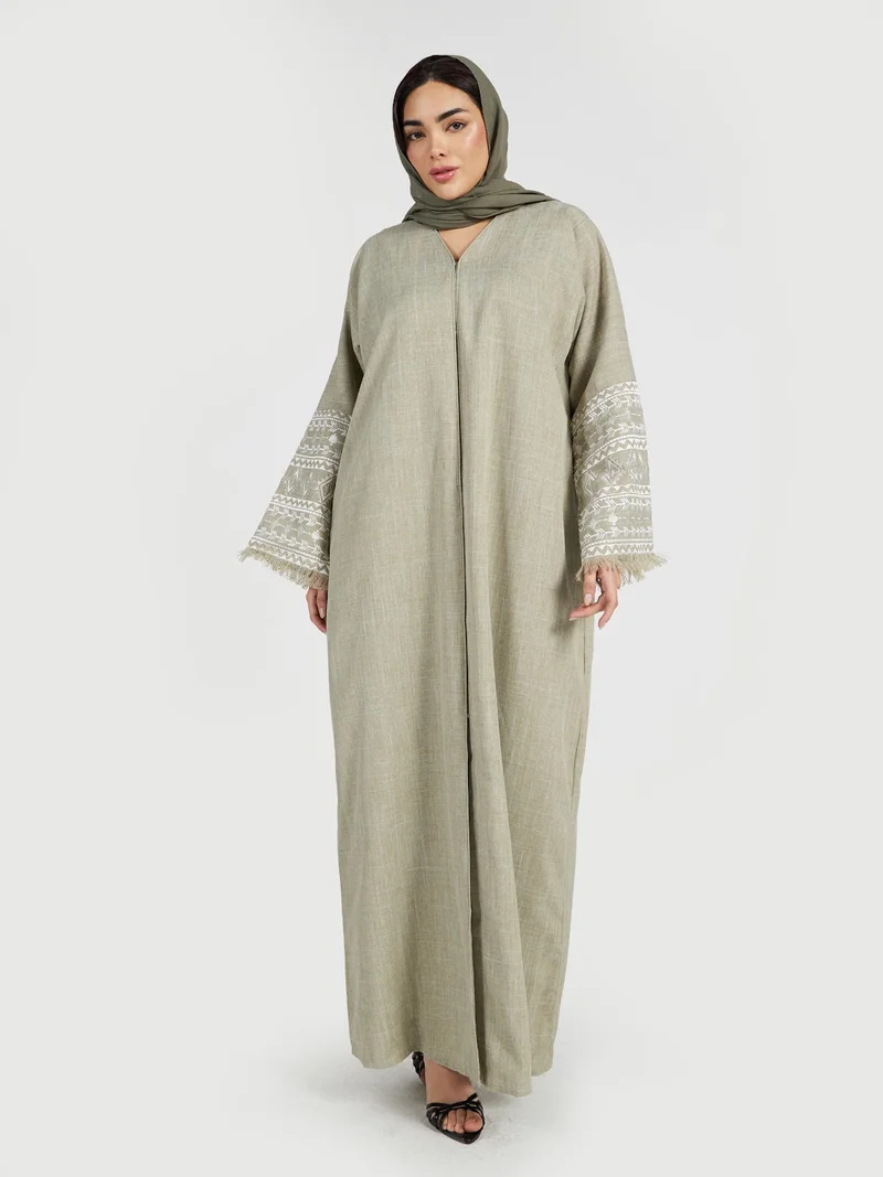 Reem Abayas Sage Green Textured Kaftan Abaya with Tribal Sleeve Embroidery