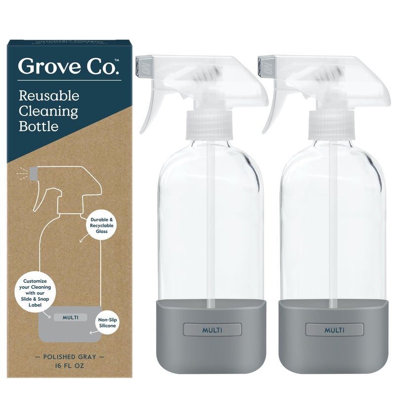 Grove Co. Glass Spray Bottles for Cleaning Solutions, 2-Pack Bundle, Unique Silicone Sleeve Slide & Snap Custom Label, Refillable Spray Bottle, Made from Recycled Glass, 2 x 16 oz - Image 1