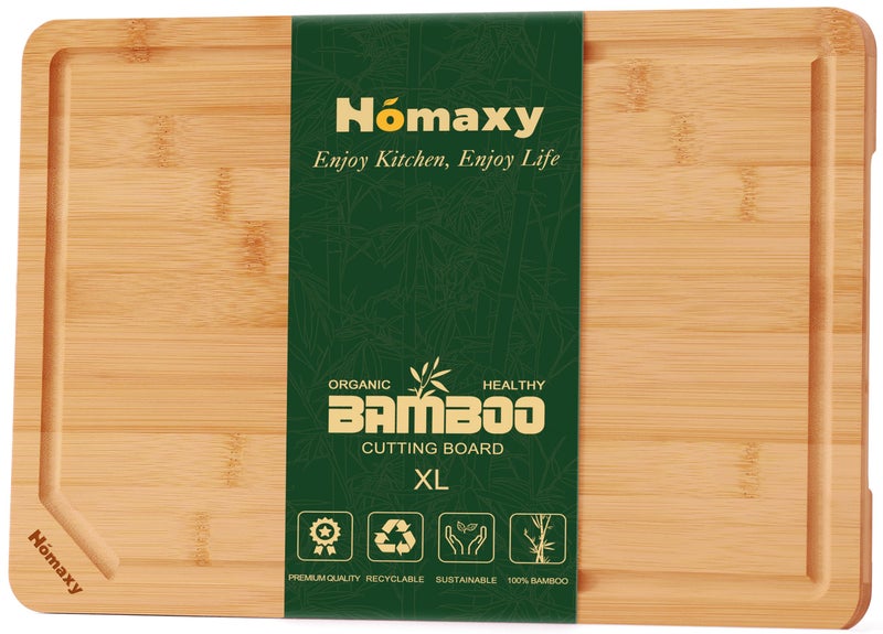 Homaxy ألواح تقطيع كبيرة جدًا من خشب البامبو العضوي من هوماكسي للمطبخ، مقاس 18 × 12 بوصة، لوح تقطيع خشبي كبير جدًا مع مجرى للعصارة ومقابض، لوح تقطيع وتقديم للحوم الباردة - مُشحم مسبقًا - Image 1