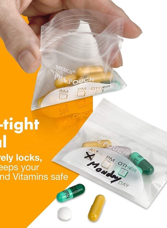 MEDca أكياس حبوب الدواء - (عبوة من 400 قطعة) 3" x 2.75" - خالية من مادة BPA، أكياس بلاستيكية يمكن التخلص منها بسحاب لتخزين حبوب الدواء، أكياس تخزين يومية لتنظيم الأدوية أثناء السفر صباحًا ومساءً، أفضل أكياس شفافة قابلة لإعادة الاستخدام مع ملصقات قابلة للكتابة عليها - Image 4