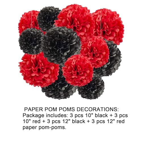 Aimto 12pcs Black and Red Hanging Tissue Paper Pom Poms Decorations for Party Ceiling Wall Tissue Flowers Decorations - 2 Colors of 12 Inch, 10 Inch - Image 2