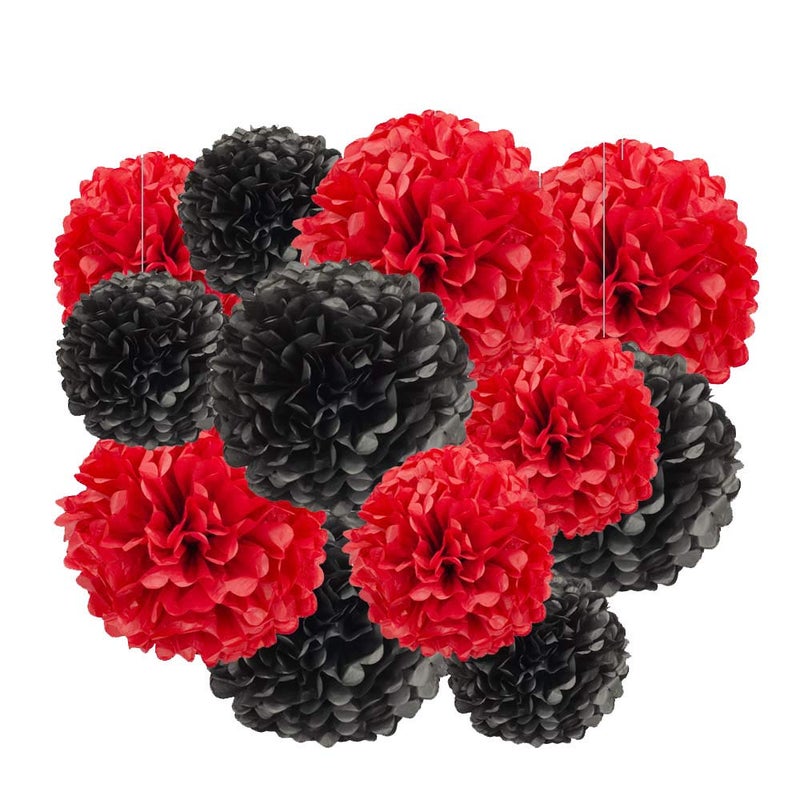 Aimto 12pcs Black and Red Hanging Tissue Paper Pom Poms Decorations for Party Ceiling Wall Tissue Flowers Decorations - 2 Colors of 12 Inch, 10 Inch - Image 5