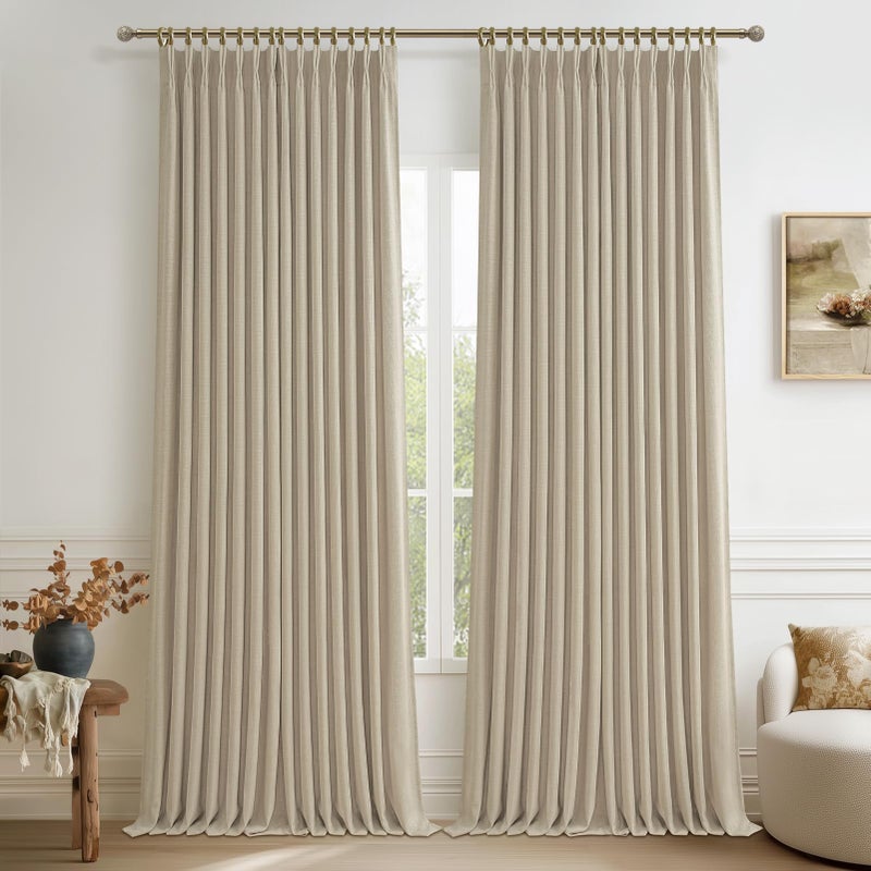 PleatedDrapes Heavy Natural Linen 100% Light Blocking Curtains & Drapes 96 Inches Long 2 Panels Set for Bedroom, Neutral Pinch Pleated Black Out Thermal Warm Beige Curtain for Summer Heat Energy Efficient 40W x 96L - Image 1