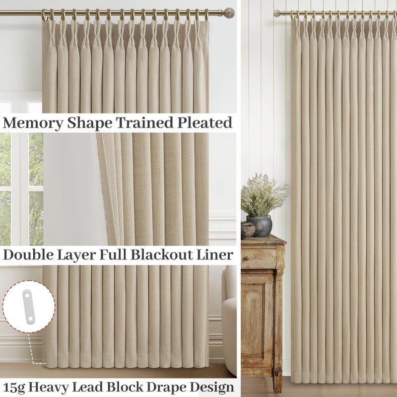 PleatedDrapes Heavy Natural Linen 100% Light Blocking Curtains & Drapes 96 Inches Long 2 Panels Set for Bedroom, Neutral Pinch Pleated Black Out Thermal Warm Beige Curtain for Summer Heat Energy Efficient 40W x 96L - Image 4