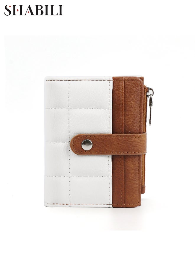 SHABILI Women PU Multi-Pocket Quilted Wallet Wrist Bag, Ladies Card Holder Passport Organizer with Snap Zipper, RFID Blocking Tote Bags Small Bag Accessory for Teen Youth Daily Business Travel (White Brown) - Image 1