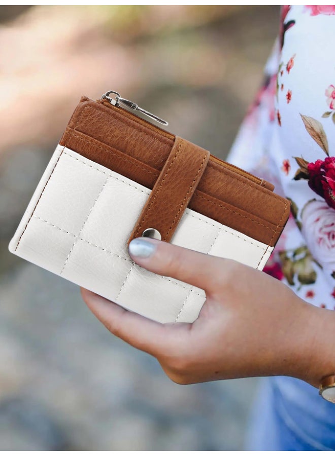 SHABILI Women PU Multi-Pocket Quilted Wallet Wrist Bag, Ladies Card Holder Passport Organizer with Snap Zipper, RFID Blocking Tote Bags Small Bag Accessory for Teen Youth Daily Business Travel (White Brown) - Image 2