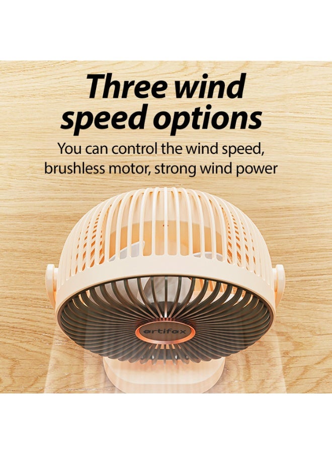 Artifax Rechargeable Clip Fan ART-B-5 with LED Light | Portable Mini Desk & Clamp Fan | 3-Speed | 360° Rotation | USB Charging | 4–6 Hrs Battery | Quiet Fan for Home & Travel (Apricot) - Image 3