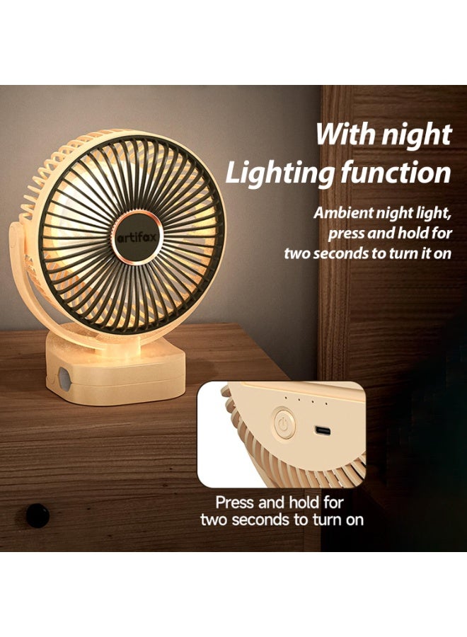 Artifax Rechargeable Clip Fan ART-B-5 with LED Light | Portable Mini Desk & Clamp Fan | 3-Speed | 360° Rotation | USB Charging | 4–6 Hrs Battery | Quiet Fan for Home & Travel (Apricot) - Image 2
