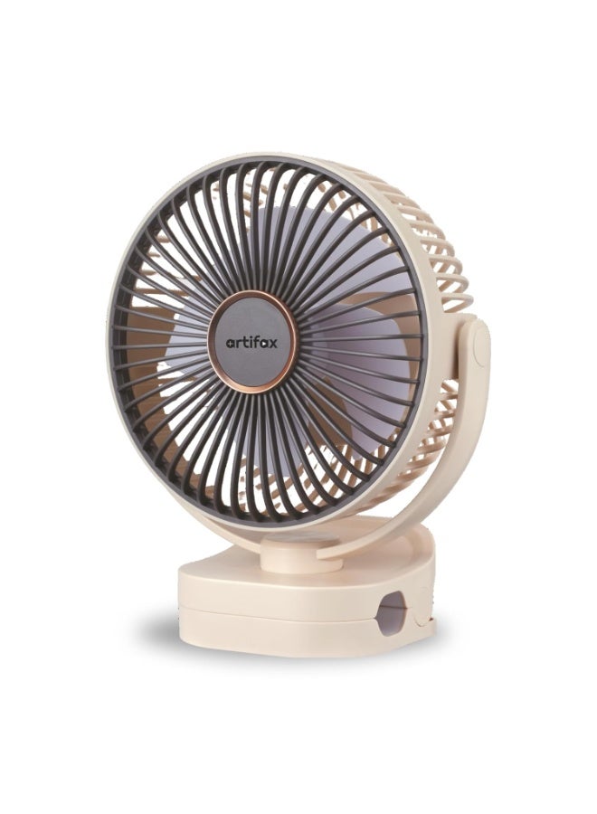 Artifax Rechargeable Clip Fan ART-B-5 with LED Light | Portable Mini Desk & Clamp Fan | 3-Speed | 360° Rotation | USB Charging | 4–6 Hrs Battery | Quiet Fan for Home & Travel (Apricot) - Image 1