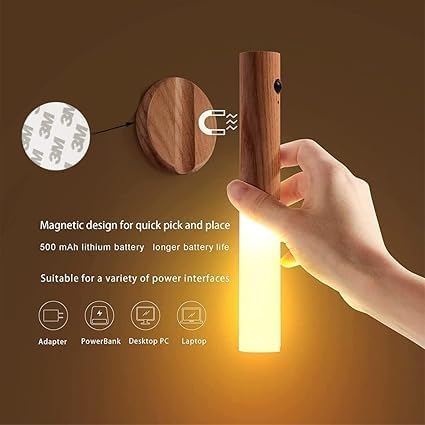VAKTAVYA USB Rechargeable Wall Light Wood Indoor with Motion Sensor Induction Battery LED Wall Lamp Warm White Magnetic Bed Lamp for Living Room Bedroom Staircase HallwayMulti Color - Image 3
