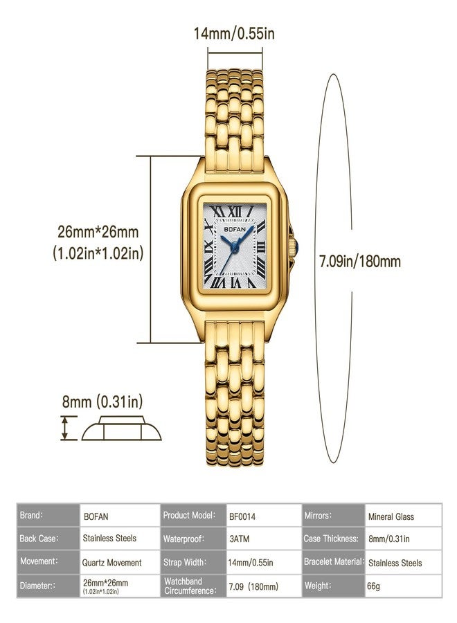 بوفان ساعات BOFAN الذهبية الصغيرة للسيدات، ساعة يد كوارتز سهلة القراءة للسيدات مع سوار من الفولاذ المقاوم للصدأ باللون الذهبي، ومينا رومانية، ومقاومة للماء، مع منظم للسوار متضمن - Image 4